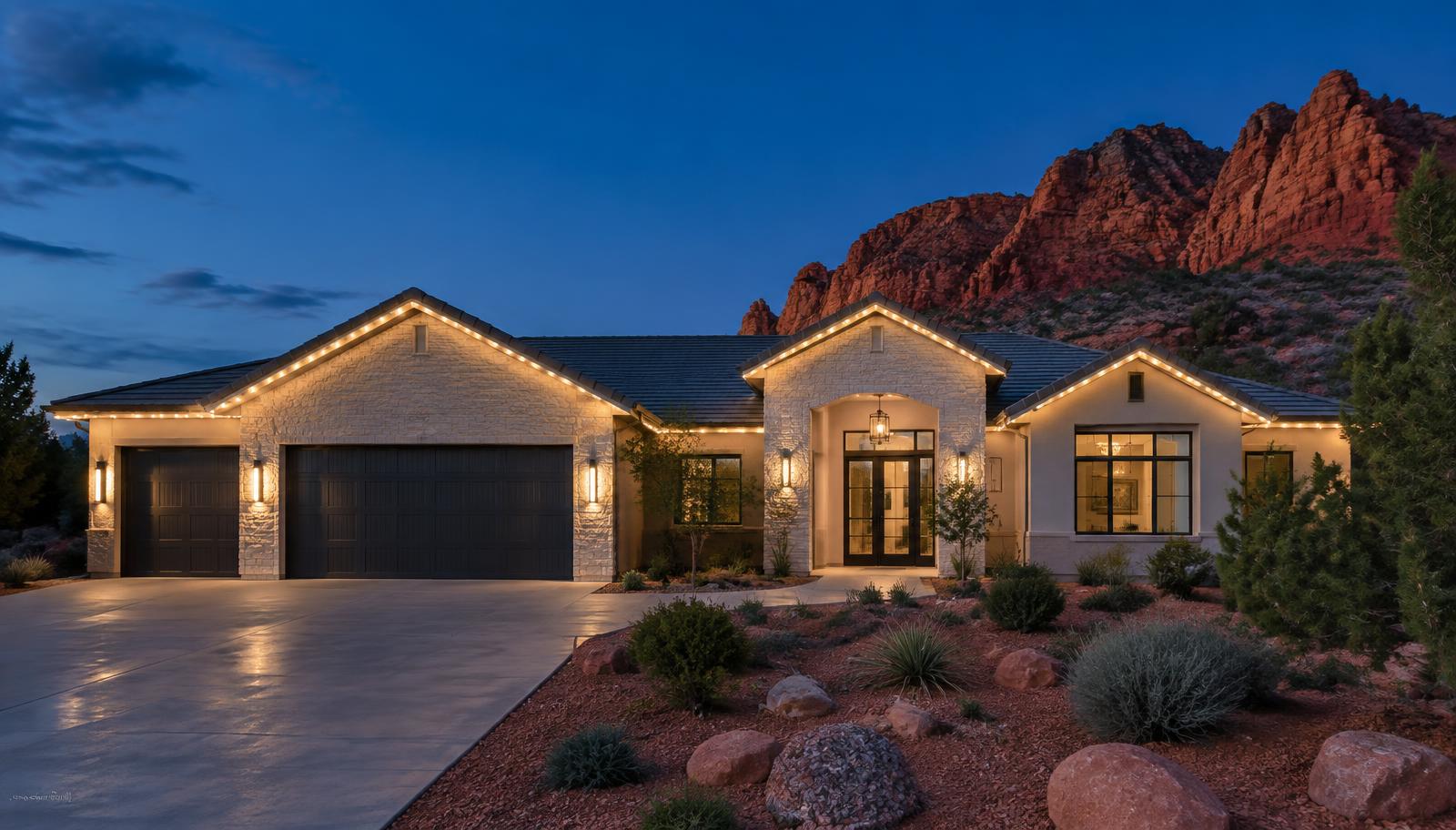 Southern Utah home with permanent LED roofline lighting glowing at dusk
