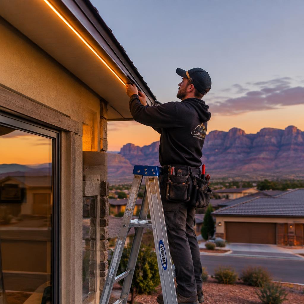 A Lifted Lights installer mounting color-matched LED track along a roofline at dusk